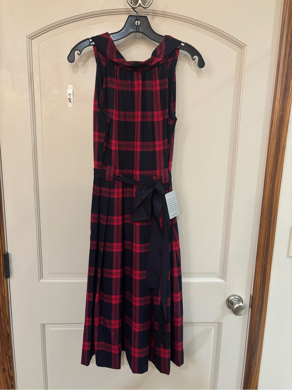 1901 Red and Black Plaid Midi Dress with Waist Sash